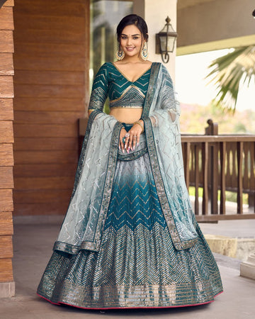 Amazing Teal Color Chinon Fabric Party Wear Lehenga