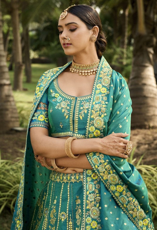 Amazing Turquoise Color Banarasi Fabric Party Wear Lehenga