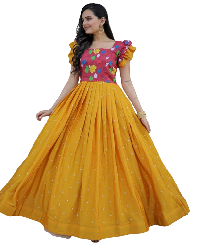 Striking Yellow Color Muslin Fabric Gown