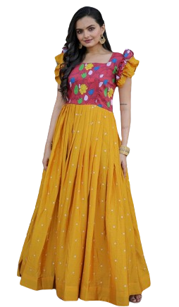 Striking Yellow Color Muslin Fabric Gown