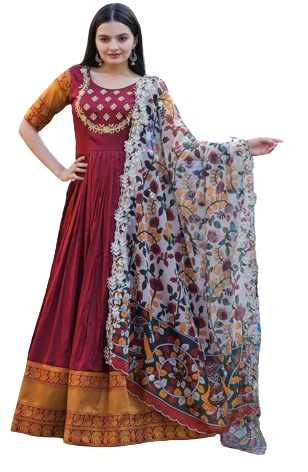 Striking Maroon Color Silk Fabric Gown