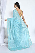 Ideal Aqua Color Satin Fabric Partywear Saree