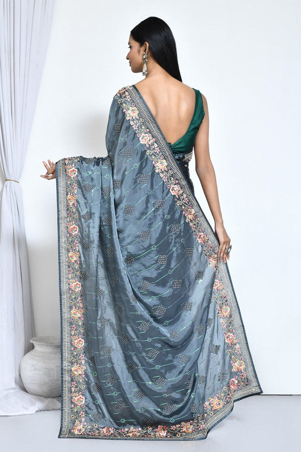 Ideal Teal Color Satin Fabric Partywear Saree