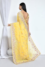 Ideal Yellow Color Organza Fabric Partywear Saree