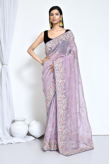 Ideal Purple Color Organza Fabric Partywear Saree