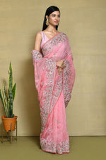 Ideal Pink Color Organza Fabric Partywear Saree