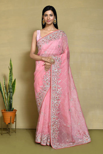 Ideal Pink Color Organza Fabric Partywear Saree