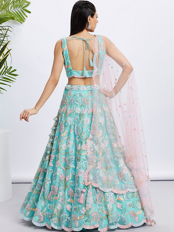 Dazzling Turquoise Color Net Fabric Party Wear Lehenga