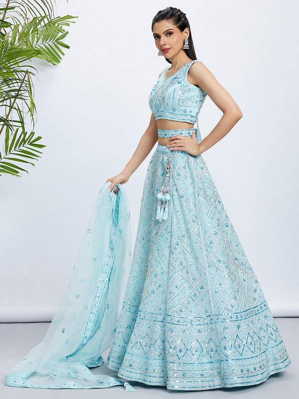 Dazzling Turquoise Color Net Fabric Party Wear Lehenga