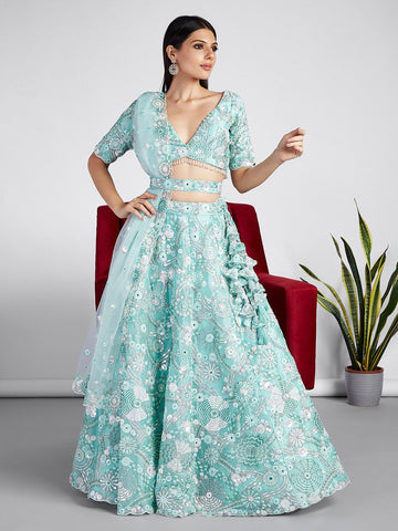 Dazzling Turquoise Color Organza Fabric Party Wear Lehenga