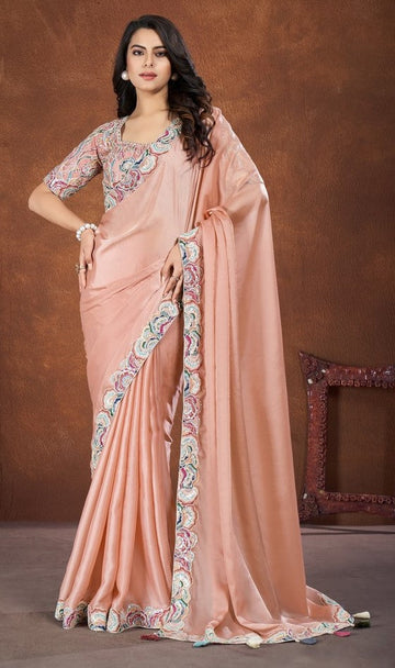 Ideal Peach Color Silk Fabric Readymade Saree