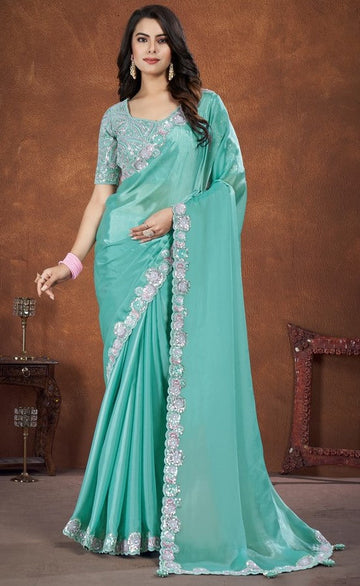 Ideal Turquoise Color Silk Fabric Readymade Saree