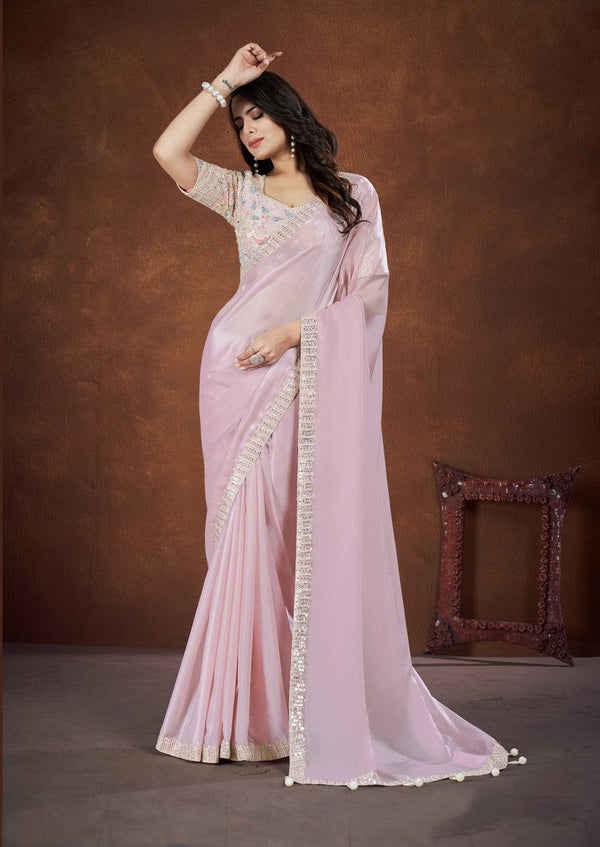 Ideal Pink Color Silk Fabric Partywear Saree