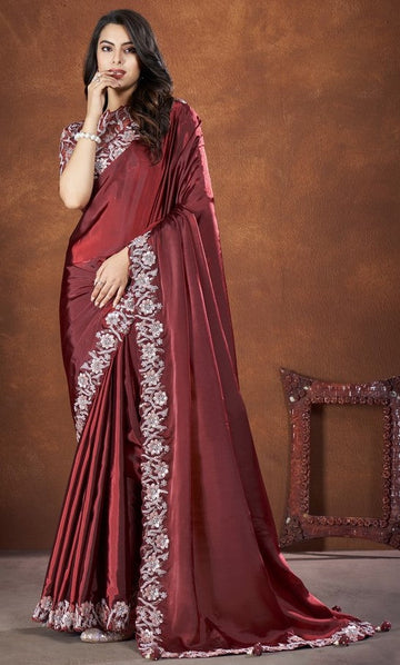 Ideal Maroon Color Silk Fabric Readymade Saree