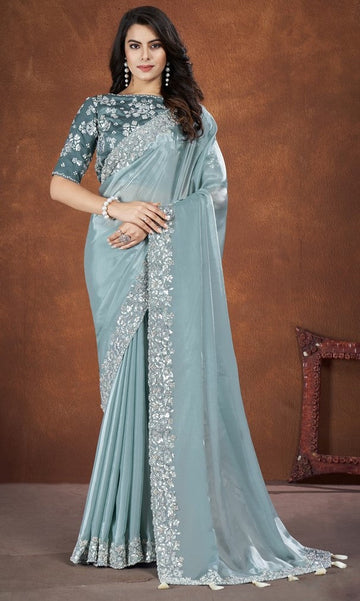 Ideal Aqua Color Silk Fabric Readymade Saree