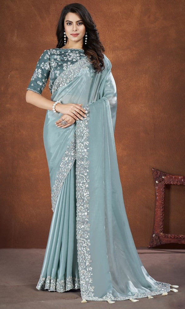 Ideal Aqua Color Silk Fabric Partywear Saree