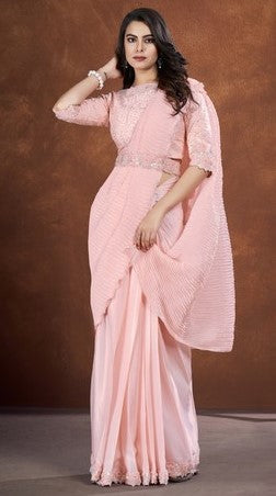 Ideal Peach Color Silk Fabric Readymade Saree