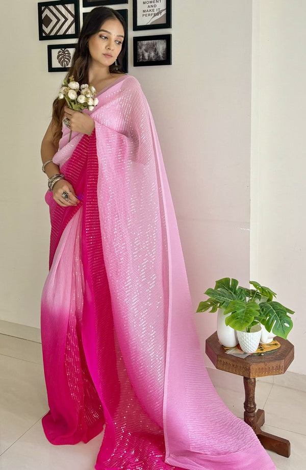 Ideal Pink Color Georgette Fabric Partywear Saree
