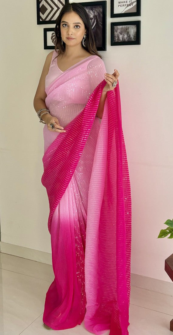 Ideal Pink Color Georgette Fabric Partywear Saree