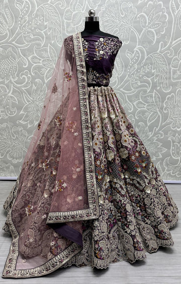 Dazzling Voilet Color Velvet Fabric Wedding Lehenga