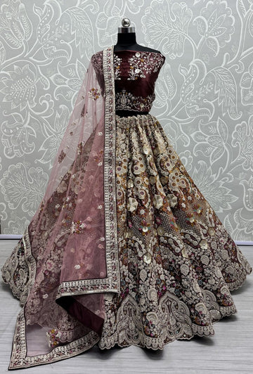 Dazzling Maroon Color Velvet Fabric Wedding Lehenga