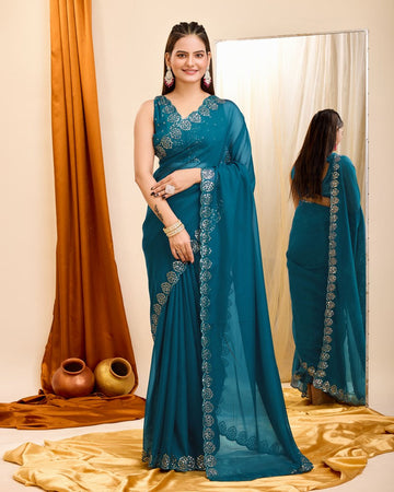 Beauteous Teal Color Georgette Fabric Partywear Saree