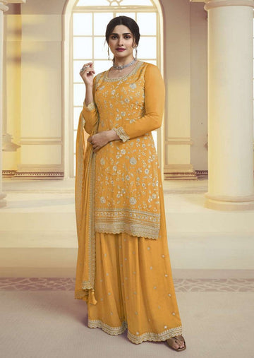 Superb Yellow Color Chinon Fabric Plazzo Suit