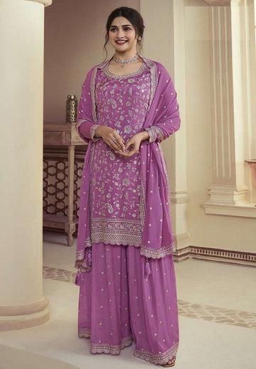 Superb Purple Color Chinon Fabric Plazzo Suit
