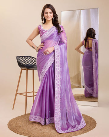 Grand Purple Color Silk Fabric Partywear Saree