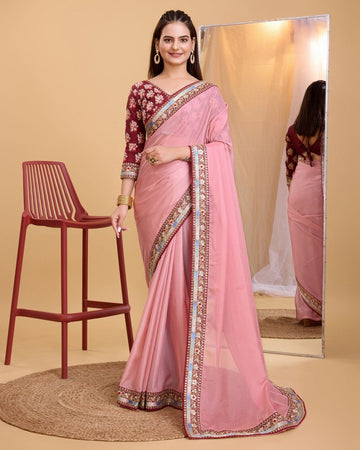 Grand Pink Color Organza Fabric Casual Saree
