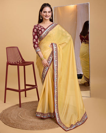 Grand Yellow Color Organza Fabric Casual Saree
