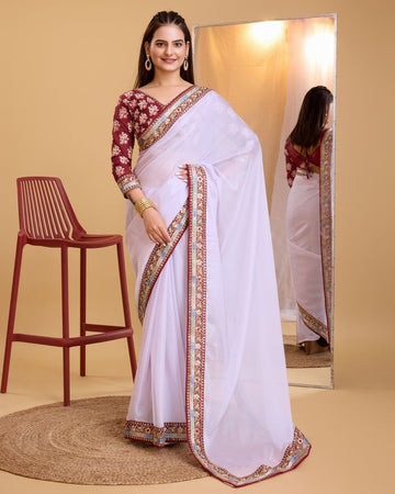 Grand White Color Organza Fabric Casual Saree