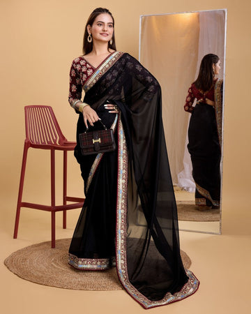 Grand Black Color Organza Fabric Casual Saree