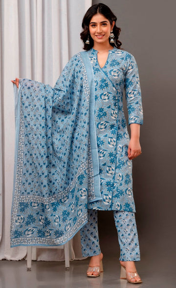 Beautiful Blue Color Cotton Fabric Designer Suit