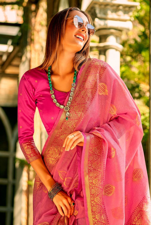 Grand Pink Color Silk Fabric Partywearl Saree