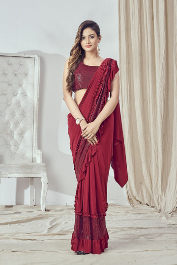 Beautiful Maroon Color Lycra Fabric Readymade Saree