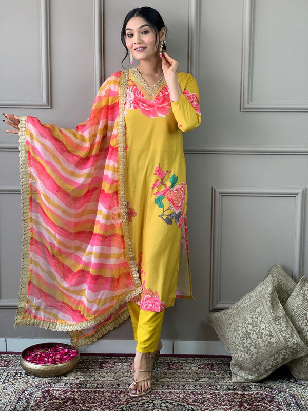 Divine Yellow Color Muslin Fabric Designer Suit