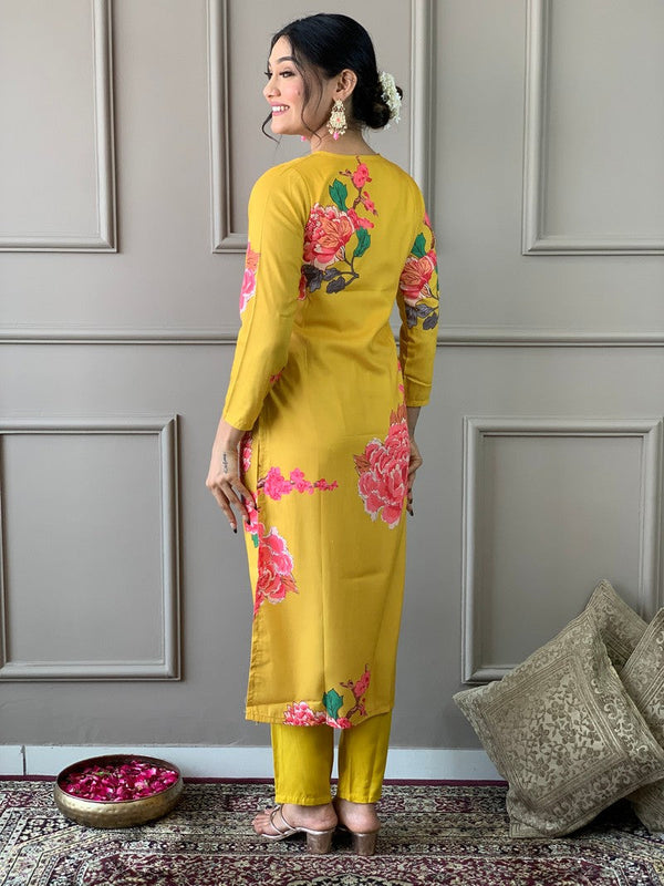 Divine Yellow Color Muslin Fabric Designer Suit