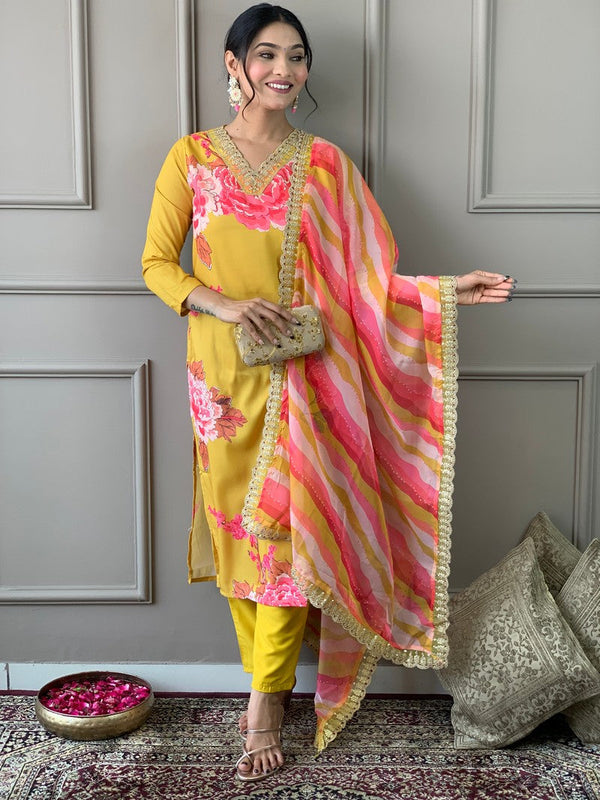 Divine Yellow Color Muslin Fabric Designer Suit