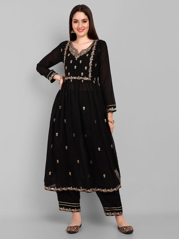Lovely Black Color Vichitra Fabric Designer Kurti With Bottom