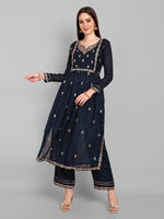 Lovely Navy Blue Color Vichitra Fabric Designer Kurti With Bottom