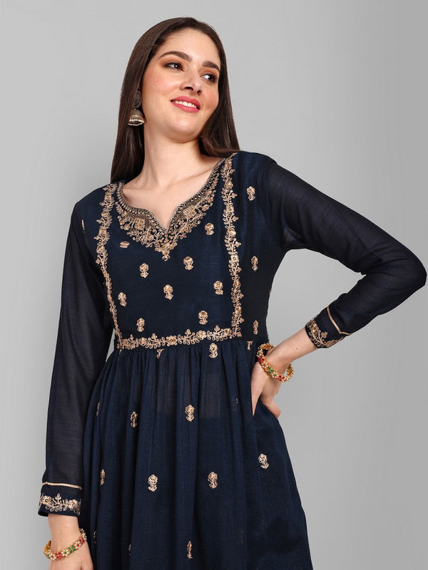 Lovely Navy Blue Color Vichitra Fabric Designer Kurti With Bottom