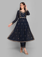 Lovely Navy Blue Color Vichitra Fabric Designer Kurti With Bottom