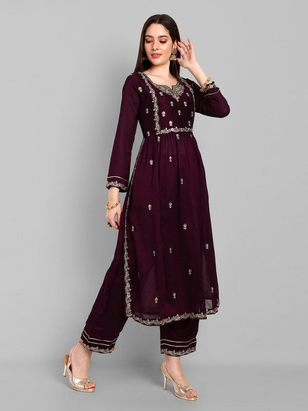 Lovely Voilet Color Vichitra Fabric Designer Kurti With Bottom