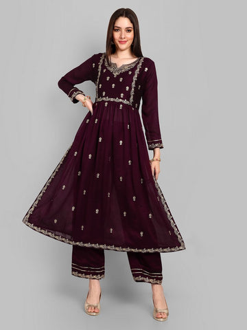 Lovely Voilet Color Vichitra Fabric Designer Kurti With Bottom