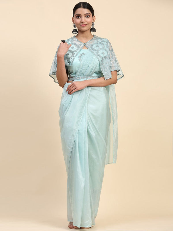 Pretty Aqua Color Satin Fabric Readymade Saree