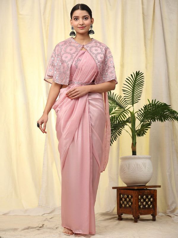 Pretty Pink Color Satin Fabric Readymade Saree