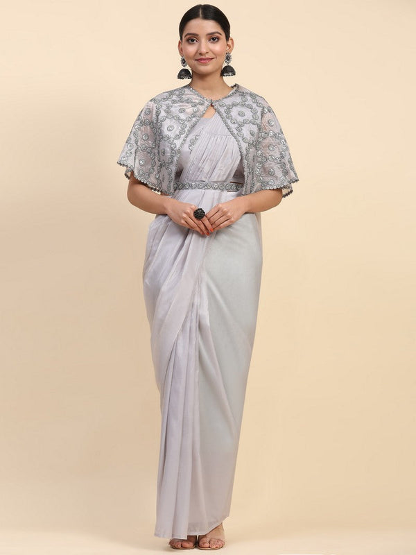 Pretty Grey Color Satin Fabric Readymade Saree