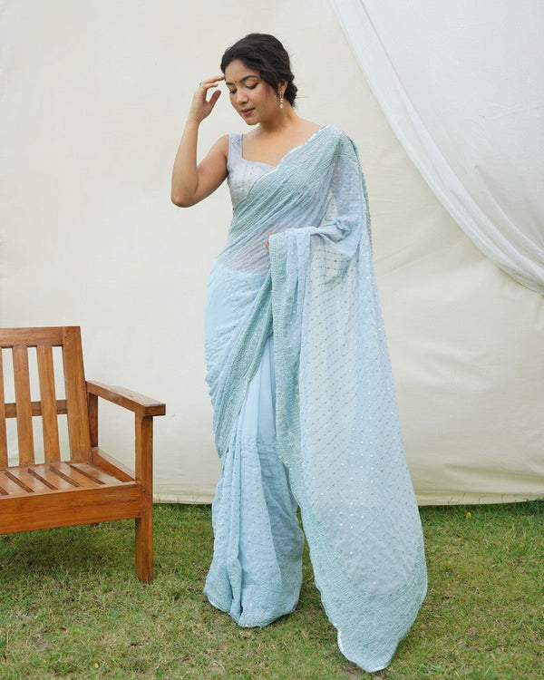 Beauteous Aqua Color Georgette Fabric Partywear Saree