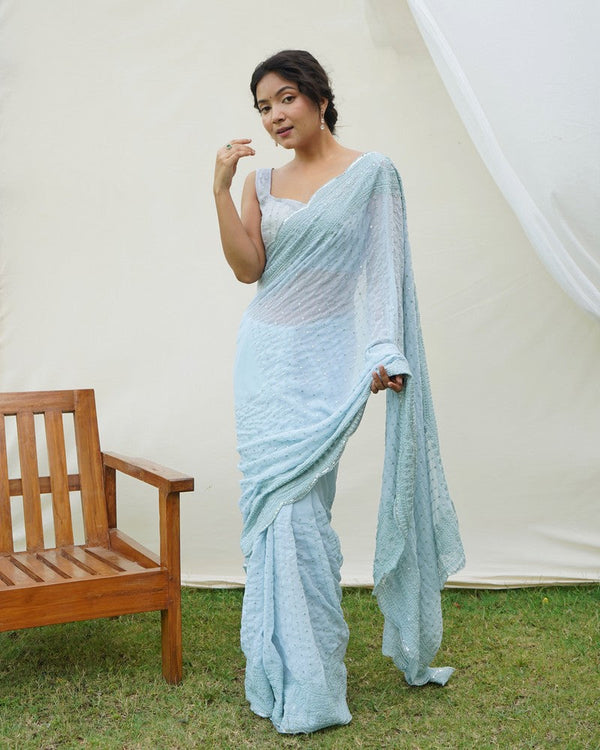 Beauteous Aqua Color Georgette Fabric Partywear Saree